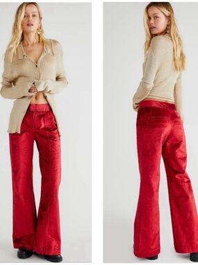 Free People Walk With You Velvet High Rise Trousers in Cherry Juice Size 4